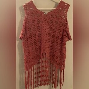 Cold shoulder crocheted floral sweater with fringe by She + Sky